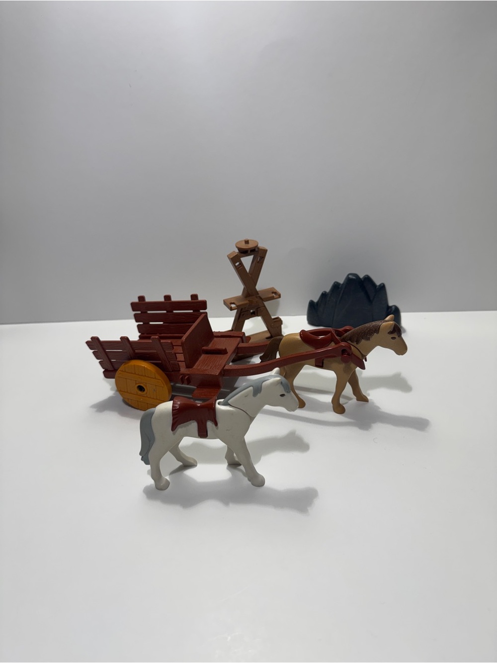 Vintage 1993 PLAYMOBIL Horse-Drawn Cart/Wagon with 2 Horses & Accessories